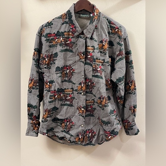 Vintage Fenwick Houndstooth Horse & Polo Players Women’s Button Down Size 10 - Picture 1 of 7